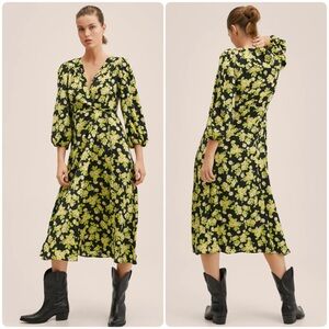 MNG Floral Puff Sleeve Wrap Midi Dress